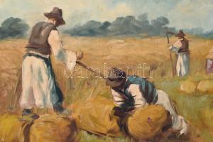 Halápy János (1893-1960): Aratók. Olaj, vászon, jelzett. Dekoratív fa keretben. 59x77 cm / János Hal...