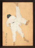 GYA jelzéssel, 2 db mű: Dzsúdósok (cselgáncsozók). Akvarell, tus, papír. Üvegezett fa keretben, 45×3...