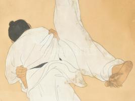 GYA jelzéssel, 2 db mű: Dzsúdósok (cselgáncsozók). Akvarell, tus, papír. Üvegezett fa keretben, 45×3...