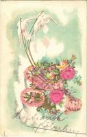 Art Nouveau, floral greeting art postcard. Emb. litho (EK)
