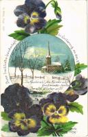 1900 Art Nouveau, floral greeting art postcard with winter landscape. B. Fürth 3256. litho (EK)