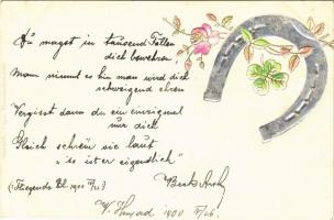 1900 Art Nouveau greeting art postcard with horseshoe and clover. Emb.