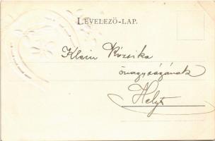 1900 Art Nouveau greeting art postcard with horseshoe and clover. Emb