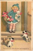 1941 Szívélyes üdvözlet névnapjára! / Name Day greeting art postcard, girl with dogs. B. Co. 8849/3. (EK)