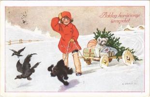 Boldog karácsonyi ünnepeket / Christmas greeting art postcard, girl with toys and dog s: K. Sávely D. (EK)