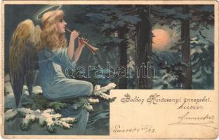 1904 Boldog karácsonyi ünnepeket / Christmas greeting art postcard, angel. Meissner & Buch Künstler-Postkarten Serie 1218. Am Weihnachtsabend litho (EM)