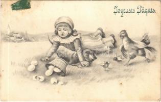 1909 Joyeuses Paques / Easter greeting art postcard, girl with dog, chicken and eggs. V.K. Vienne 4026. (fl)