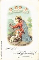 1901 Húsvéti üdvözlet / Easter greeting art postcard, Jesus with sheep. litho (EK)