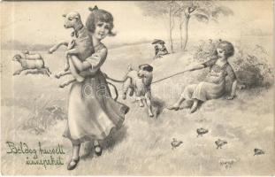 1913 Boldog húsvéti ünnepeket / Easter greeting art postcard, girls with sheep and dog. V.K. Vienne 4162. (EK)