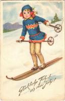 1931 Glückliche Fahrt in's neue Jahr! / New Year greeting art postcard, ski, winter sport (EB)