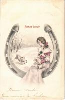 1906 Bonne année / New Year greeting art postcard, lady with horseshoe, pigs and clover. V.K. W. 147...