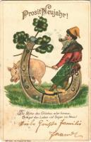 1902 Prosit Neujahr! / New Year greeting art postcard, dwarf with horseshoe, pig and clovers. W.P. &amp; Co. Wien No. 130. litho (kopott sarkak / worn corners)