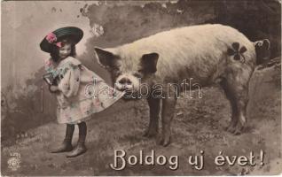 1908 Boldog Újévet! / New Year greeting art postcard, girl with pig (EK)