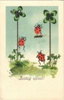 1908 Boldog Újévet! / New Year greeting art postcard, ladybugs with clovers. ERIKA Nr. 3016. Emb. litho