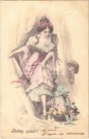 1903 Boldog Újévet! / New Year greeting art postcard, lady with pigs in a basket