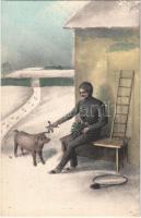 Boldog Újévet! / New Year greeting art postcard, chimney sweeper with pig. R.F.W. S. 415.
