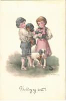 Boldog Újévet! / New Year greeting art postcard, children with dogs. H.H.i.W. Serie 1659.