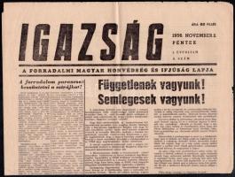 1956. november 2. Az Igazság című napilap I. évfolyamának 8. száma a forradalom híreivel