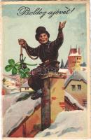 1937 Boldog Újévet! / New Year greeting art postcard, chimney sweeper with clovers