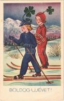 Boldog Újévet! / New Year greeting art postcard, ski, winter sport, ladies with clovers (EB)