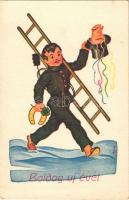Boldog Újévet! / New Year greeting art postcard, chimney sweeper with pig and horseshoe s: Gyulai