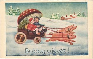 Boldog Újévet! / New Year greeting art postcard, ladies riding a pig-drawn carriage (gyűrődés / crease)