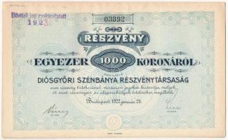 Budapest 1922. Diósgyőri Szénbánya Részvénytársaság részvénye 1000K-ról, bélyegzéssel, szárazpecséttel és szelvényekkel T:I- fo.