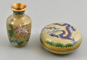 Kínai rekeszzománc dobozka és mini váza, jó állapotban, d: 8 cm, m: 8 cm
