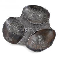 Japán háromrészes kínáló tálka, fém, kopott, kis törésekkel, sz: 12,5 cm
