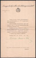 1943 Szinyei-Mersei Jenő (1888-1957) a Kállay-kormány vallás és közoktatásügyi miniszerének (1942-1944) saját kezű aláírása egy Horthy Miklós Ösztöndíjalapból történő ösztöndíj megítélésen, fejléces papíron.