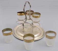 Opálüveg italos készlet ezüst(Ag) pohártartóval, nettó: 161 g, benne aranyozott palack dugóval + 6 d...