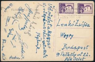 1950 Magyar Kerékpáros Válogatott tagjai által Varsóból haza küldött képeslap, a válogatott tagjainak aláírásaival.