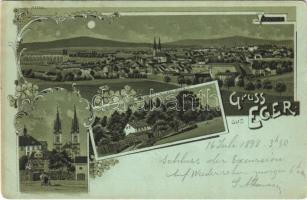 1898 (Vorläufer) Cheb, Eger; Kirche, Egerthal mit dem Mühlerl / church, valley, mill. Art Nouveau, floral, litho (EK)