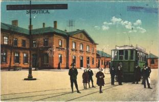 Szabadka, Subotica; vasútállomás, villamos. Vasúti levelezőlapárusítás 110. / railway station, tram + 1940 Szabadka visszatért + 1940 Újvidék visszatért So. Stpl