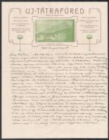 1906 Uj-Tátrafüred (Nový Smokovec/Neu-Schmecks) Magaslati Gyógyhely képével díszített szecessziós fejléces levélpapírja, rajta a vízgyógyintézet képével, a levélen magánlevéllel, borítékkal, 2 sztl. lev.