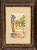 Turmayer jelzéssel: Napfényes utca. Akvarell, papír. Üvegezett fa keretben. 15,5x9,5 cm