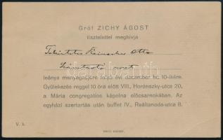 cca 1900 Zichy Ágost valamelyik leánygyermekének menyegzőjére szóló meghívó, számtartó részére.