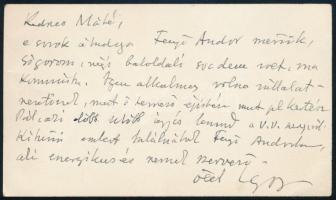 Kozma Lajos (1884-1948) építész, iparművész, grafikus autográf sorai névjegykártyáján, melyben egy Fenyő Andor nevű építészt ajánl Major Máté (1904-1986) Kossuth-díjas magyar építész, egyetemi tanárnak vállalatvezetőnek