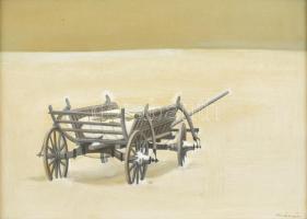 Mácsai István (1922- 2005): Téli szekér. Olaj,farost, jelzett, fa keretben, 30×40 cm / Mácsai István (1922- 2005): Winter wagon. Oil on wood fibre, signed, framed, 30×40 cm