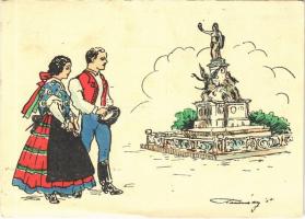 Arad, Vértanú szobor, a vidék népviselete. Kiadja a Délvidéki Egyetemi és Főiskolai Hallgatók Egyesülete / Martyrs statue, monument, traditional costumes, irredenta art postcard s: Tusnády (gyűrődés / crease)