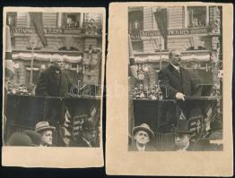 cca 1930 Sipőcz Jenő (1878-1937) Budapest főpolgármestere és egy másik személy ünnepi beszédet mond, 2 db fotó kartonon, az egyik felületéén sérülésnyommal, 17x11 cm és 16x11 cm