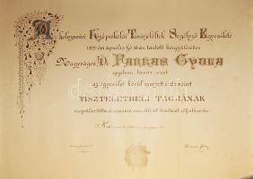 1899 Kolozsvári egyesület dekoratív oklevele / Nice warrant issued by an assoc. in Cluj 70x50 cm