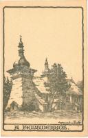 Felvidékről, fatemplom. Kiadja a Magyar Jövő / wooden church in Slovakia, Hungarian irredenta, artist signed (EK)