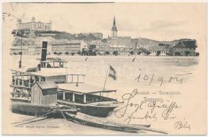 1904 Pozsony, Pressburg, Bratislava; Dunasor, vár, gőzhajó. Divald Károly 512. sz. / Donaulände / castle, steamship (ázott sarok / wet corner)
