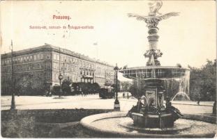 1907 Pozsony, Pressburg, Bratislava; Színház tér, Nemzeti és Palugyai szálloda, villamos, szökőkút. K.B.B.D.A. 1000. / square, hotels, tram, fountain
