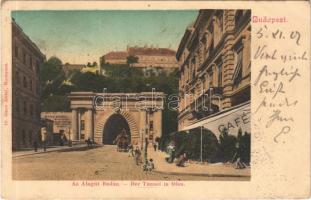 1902 Budapest I. Az alagút Budán, kávéház, Ganz Antal képeslapkiadó üzletének hirdetése a falon. Ganz Antal 19. (EK)