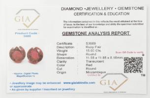 Egy pár vörös rubint kő. 15K kőr csiszolással, hozzá GIA tanusítvánnyal. / Pair of red rubys 15C