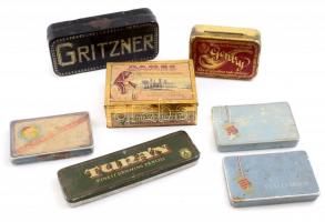 7 db régi festett fém doboz: cigaretta, dohány, varródoboz, ceruza. Kopottak