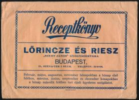 Lőrincze és Riesz Szent János Gyógyszertára Receptkönyv borítékja