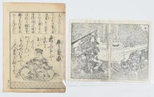 Japán fametszetek 2 db cca XIX. sz. / Japanese woodplate engravings: 44x16 cm, 21x16 cm